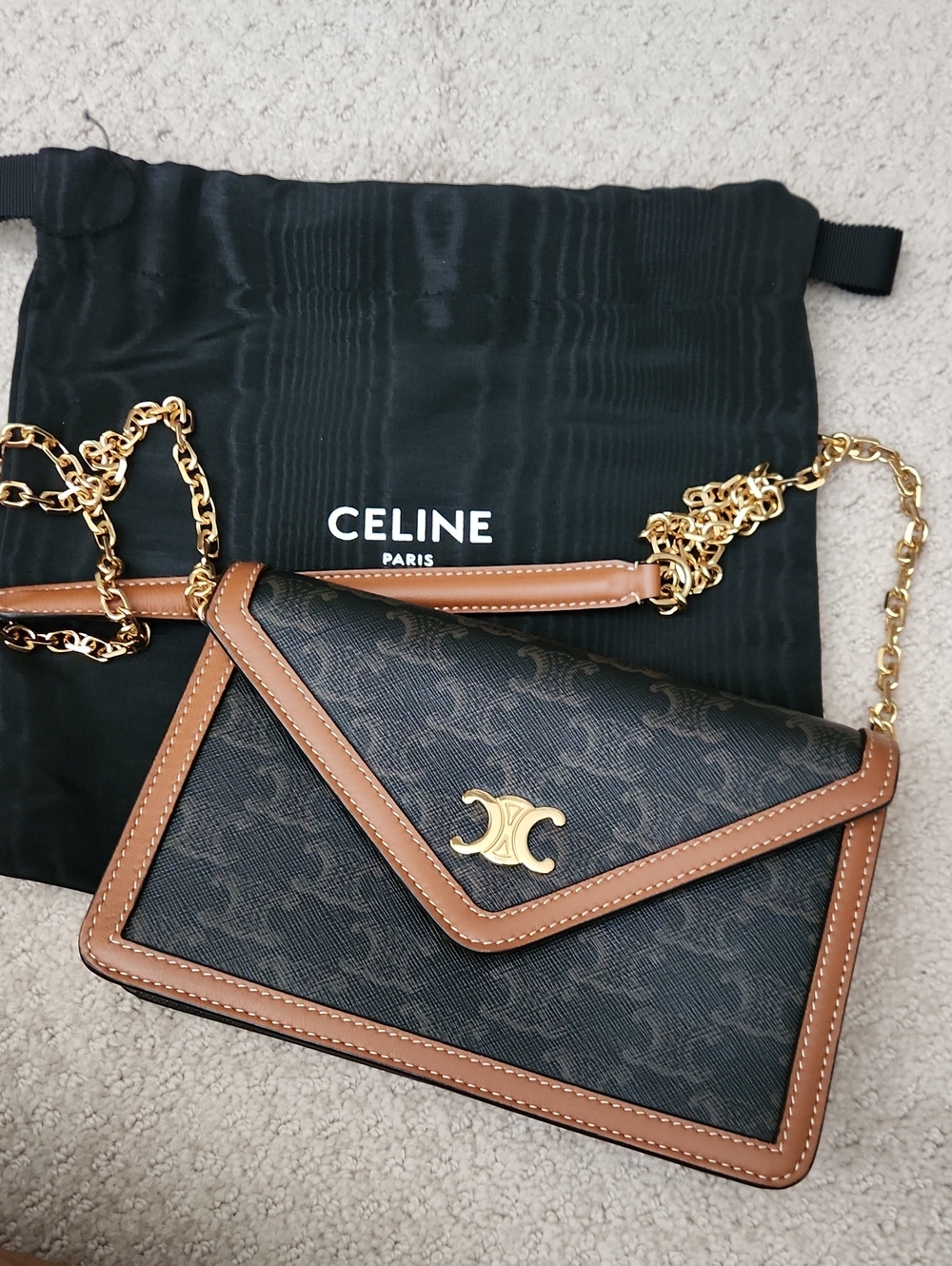 Celine Triomphe Envelope Crossbody in Black and Tan with Gold Chain